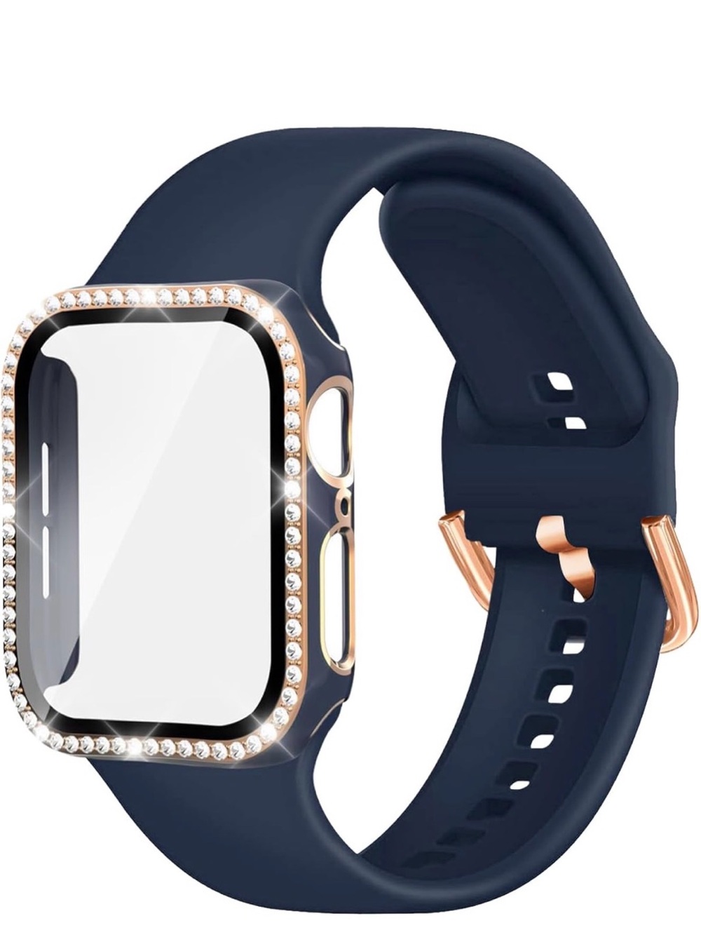 Navy Blue Rhinestone Silicone Smartwatch Band with Rose Gold Case